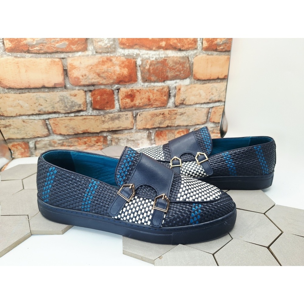 Marc Nolan Kyler Woven Double Monk Strap Slip On Loafers Blue White Men Size 11